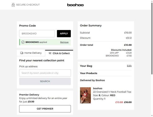 Boohoo checkout page showing Boohoo promo code box | Screenshot taken by SimplyCodes community member on Aug 28, 2025