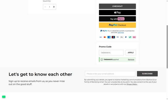 Boohoo checkout page showing Boohoo promo code box | Screenshot taken by SimplyCodes community member on Aug 27, 2025
