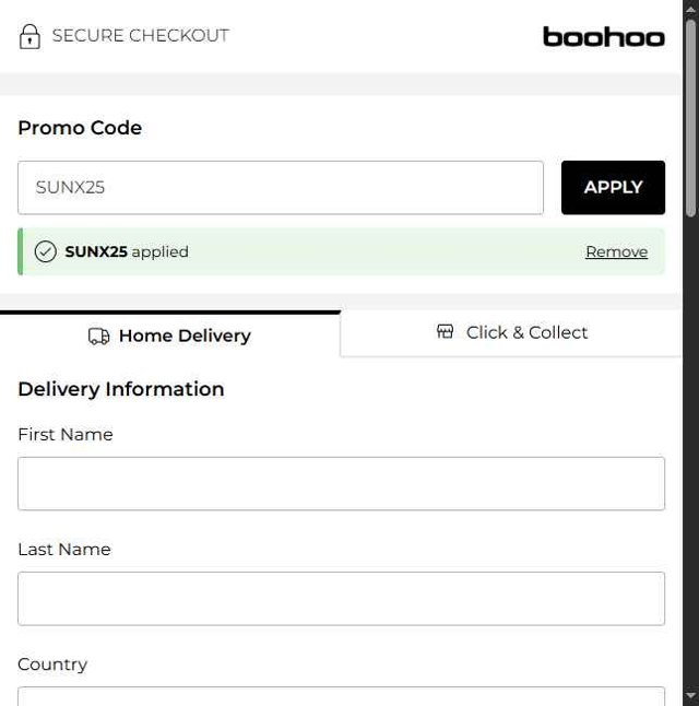 Boohoo checkout page showing Boohoo promo code box | Screenshot taken by SimplyCodes community member on Aug 27, 2025