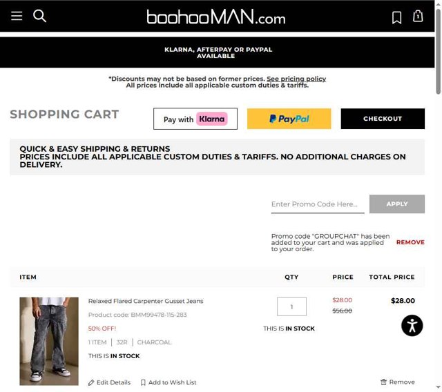 boohooMAN checkout page showing boohooMAN promo code box | Screenshot taken by SimplyCodes community member on Aug 23, 2025