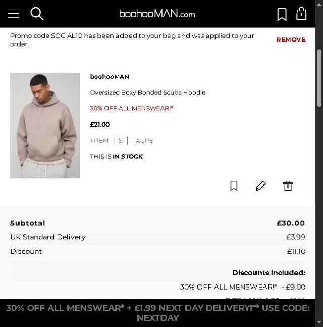 boohooMAN checkout page showing boohooMAN promo code box | Screenshot taken by SimplyCodes community member on Aug 21, 2025