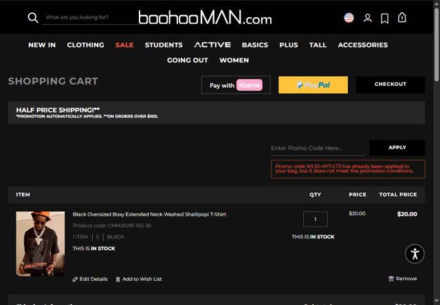 boohooMAN checkout page showing boohooMAN promo code box | Screenshot taken by SimplyCodes community member on Aug 26, 2025