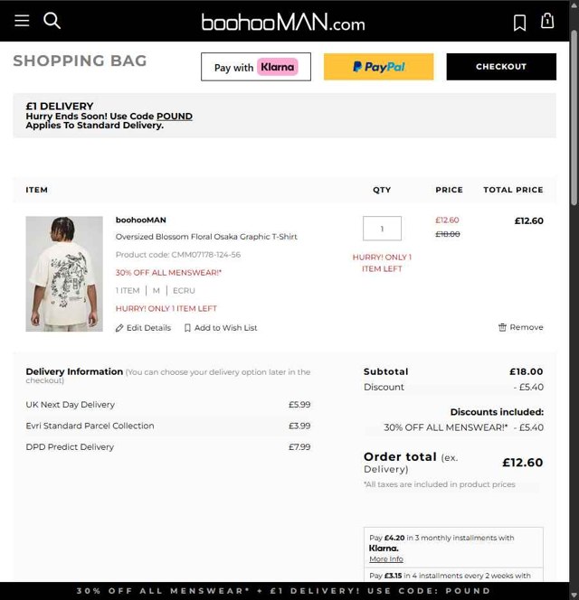 boohooMAN checkout page showing boohooMAN promo code box | Screenshot taken by SimplyCodes community member on Aug 24, 2025