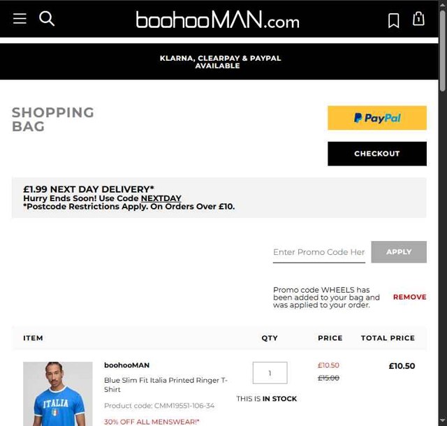 boohooMAN checkout page showing boohooMAN promo code box | Screenshot taken by SimplyCodes community member on Aug 21, 2025