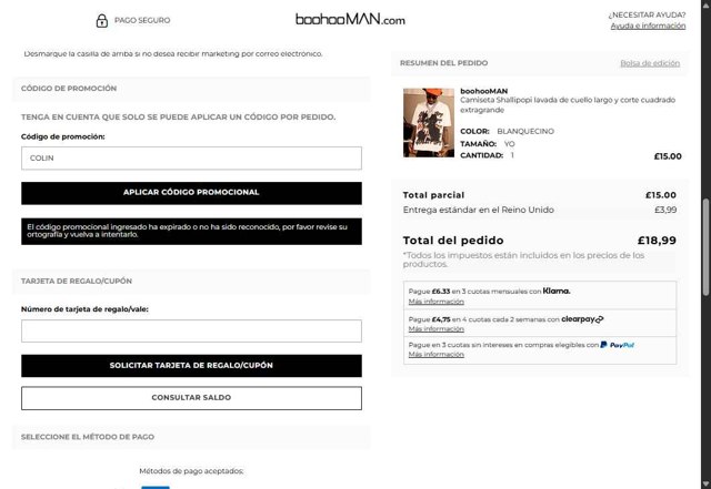 boohooMAN checkout page showing boohooMAN promo code box | Screenshot taken by SimplyCodes community member on Aug 22, 2025