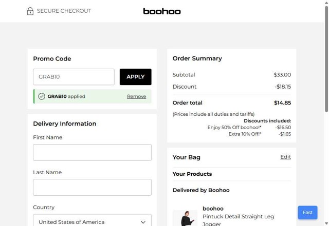 Boohoo US checkout page showing Boohoo US coupon code box | Screenshot taken by SimplyCodes community member on Aug 11, 2025