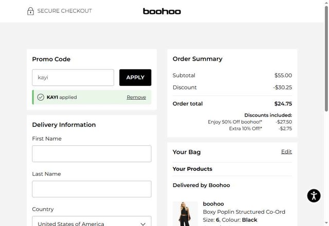 Boohoo US checkout page showing Boohoo US coupon code box | Screenshot taken by SimplyCodes community member on May 16, 2025