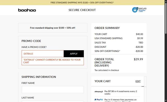 Boohoo US checkout page showing Boohoo US coupon code box | Screenshot taken by SimplyCodes community member on May 7, 2025