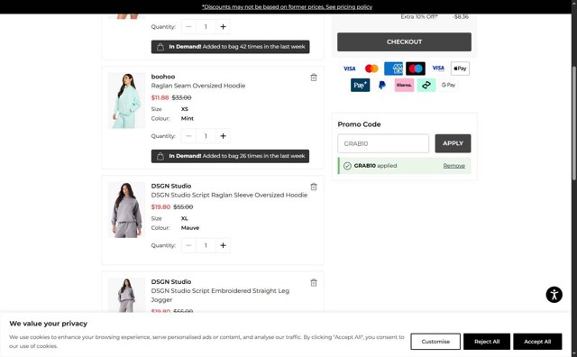 Boohoo US checkout page showing Boohoo US coupon code box | Screenshot taken by SimplyCodes community member on Jul 13, 2025