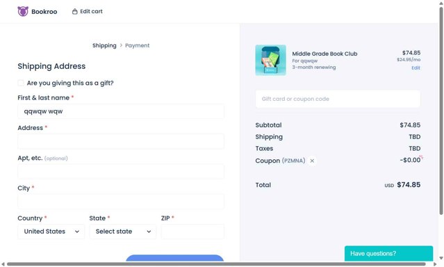 Bookroo checkout page showing Bookroo coupon code box | Screenshot taken by SimplyCodes community member on Jun 28, 2025