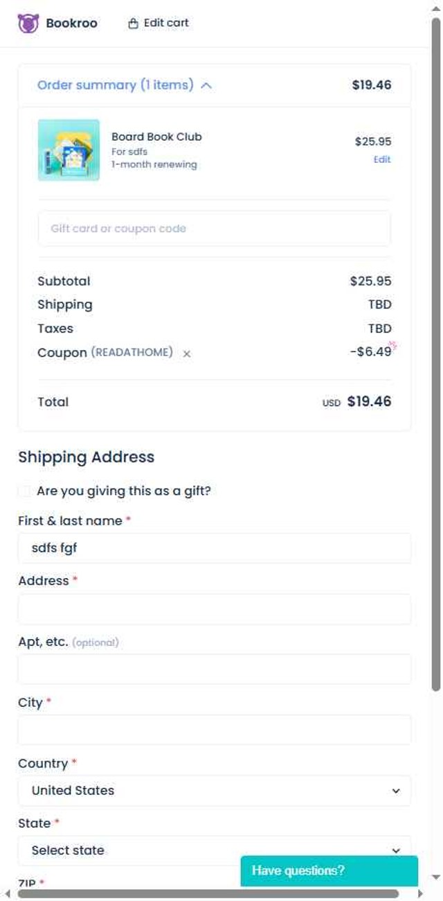 Bookroo checkout page showing Bookroo coupon code box | Screenshot taken by SimplyCodes community member on Jul 30, 2025