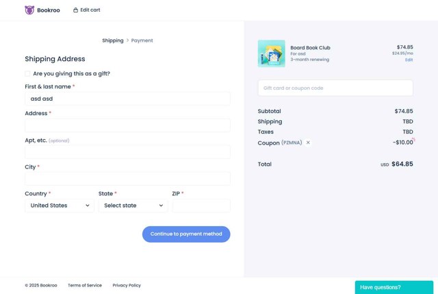 Bookroo checkout page showing Bookroo coupon code box | Screenshot taken by SimplyCodes community member on Aug 25, 2025