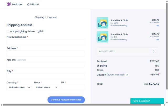 Bookroo checkout page showing Bookroo coupon code box | Screenshot taken by SimplyCodes community member on Jul 25, 2025