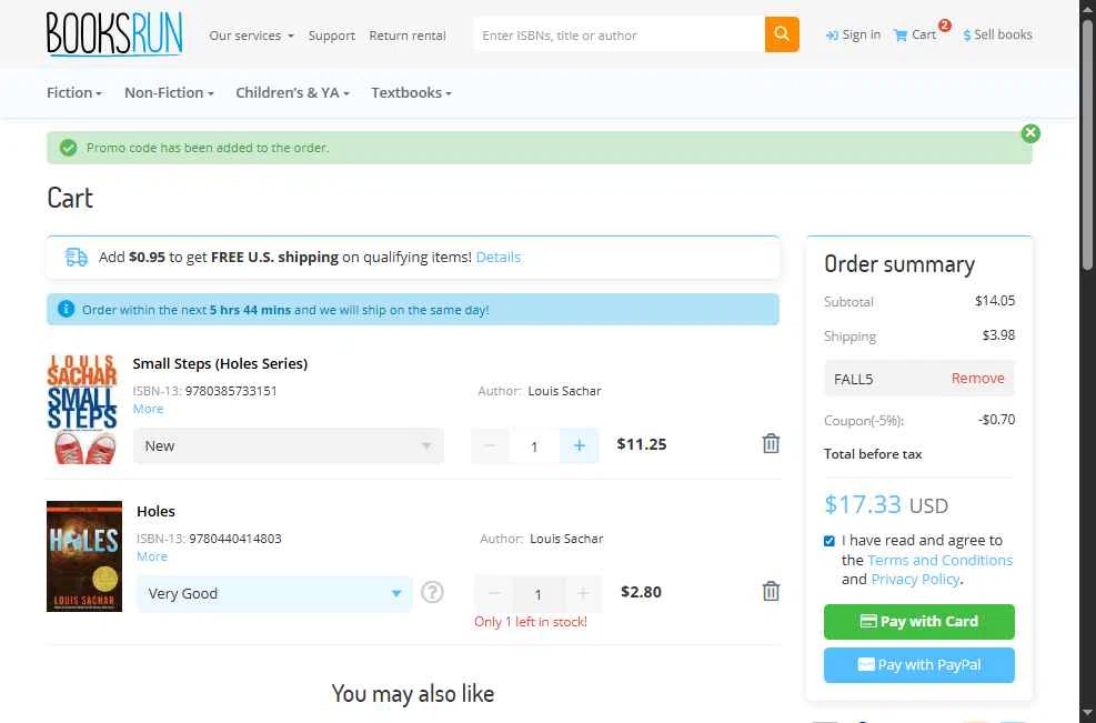 BooksRun checkout page showing BooksRun coupon code box | Screenshot taken by SimplyCodes community member on Jan 8, 2026