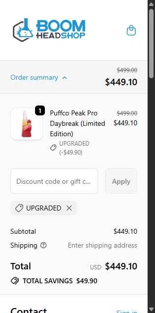 BOOM Headshop checkout page showing BOOM Headshop discount code box | Screenshot taken by SimplyCodes community member on Feb 8, 2026
