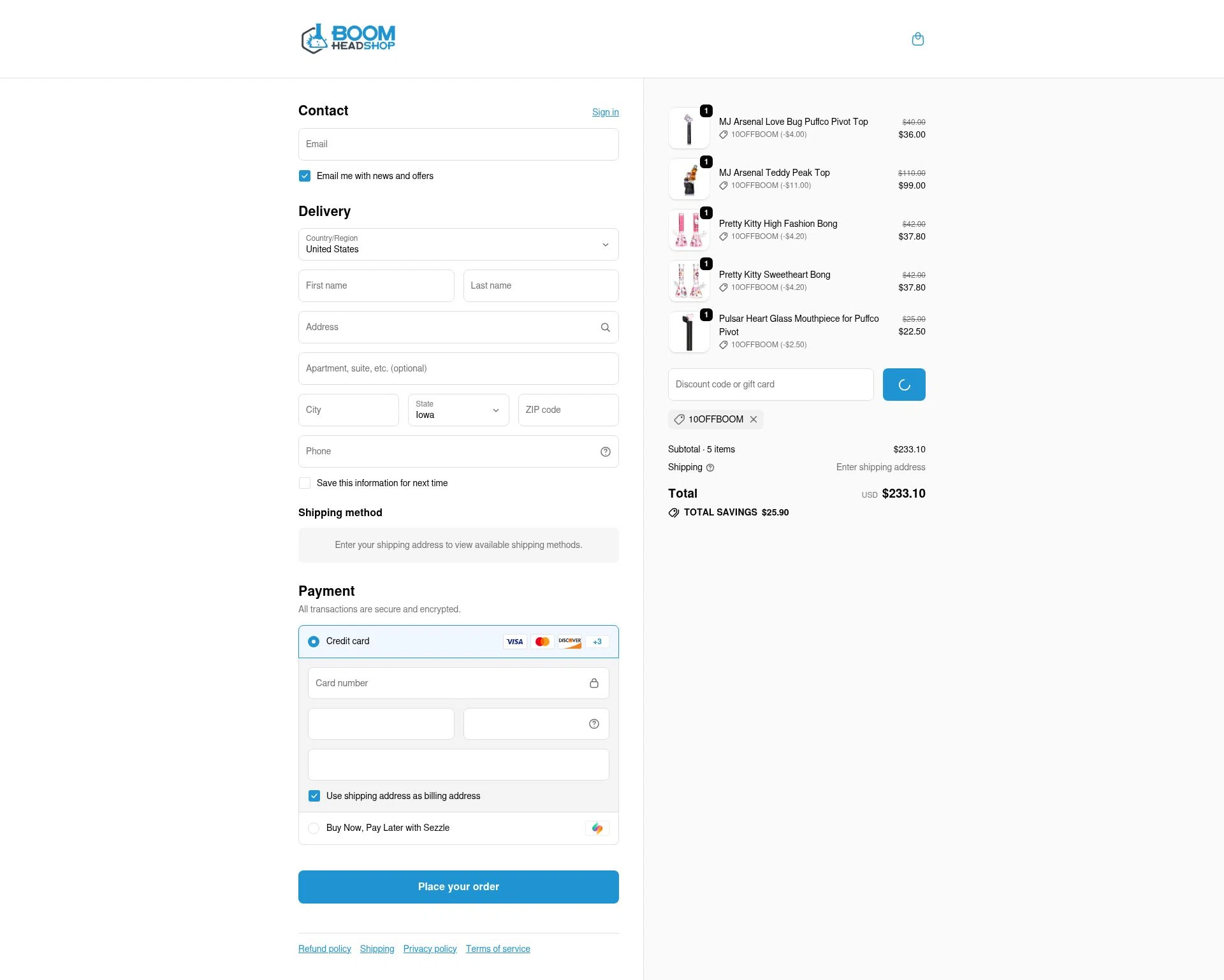BOOM Headshop checkout page showing BOOM Headshop discount code box | Screenshot taken by SimplyCodes community member on Feb 8, 2026