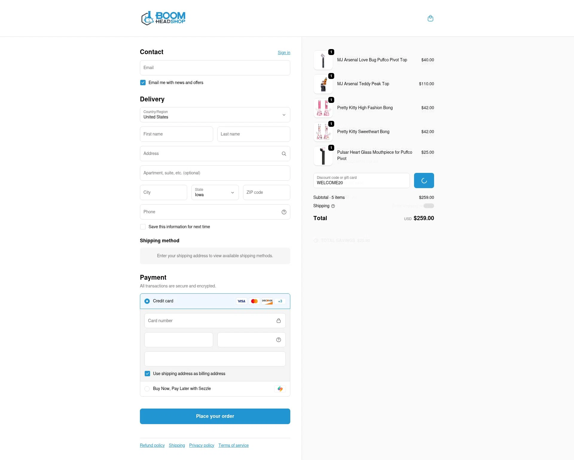 BOOM Headshop checkout page showing BOOM Headshop discount code box | Screenshot taken by SimplyCodes community member on Feb 8, 2026