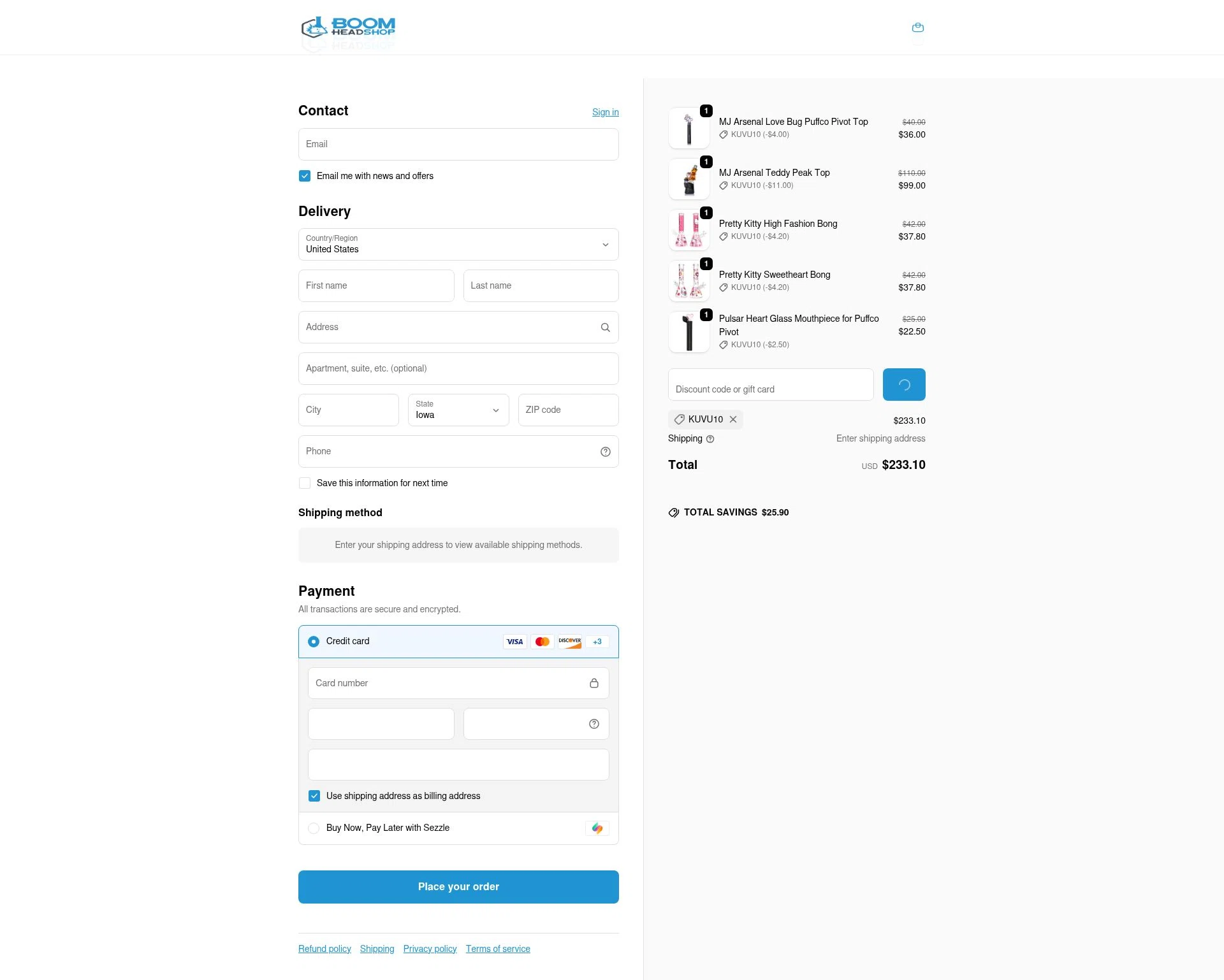 BOOM Headshop checkout page showing BOOM Headshop discount code box | Screenshot taken by SimplyCodes community member on Feb 8, 2026