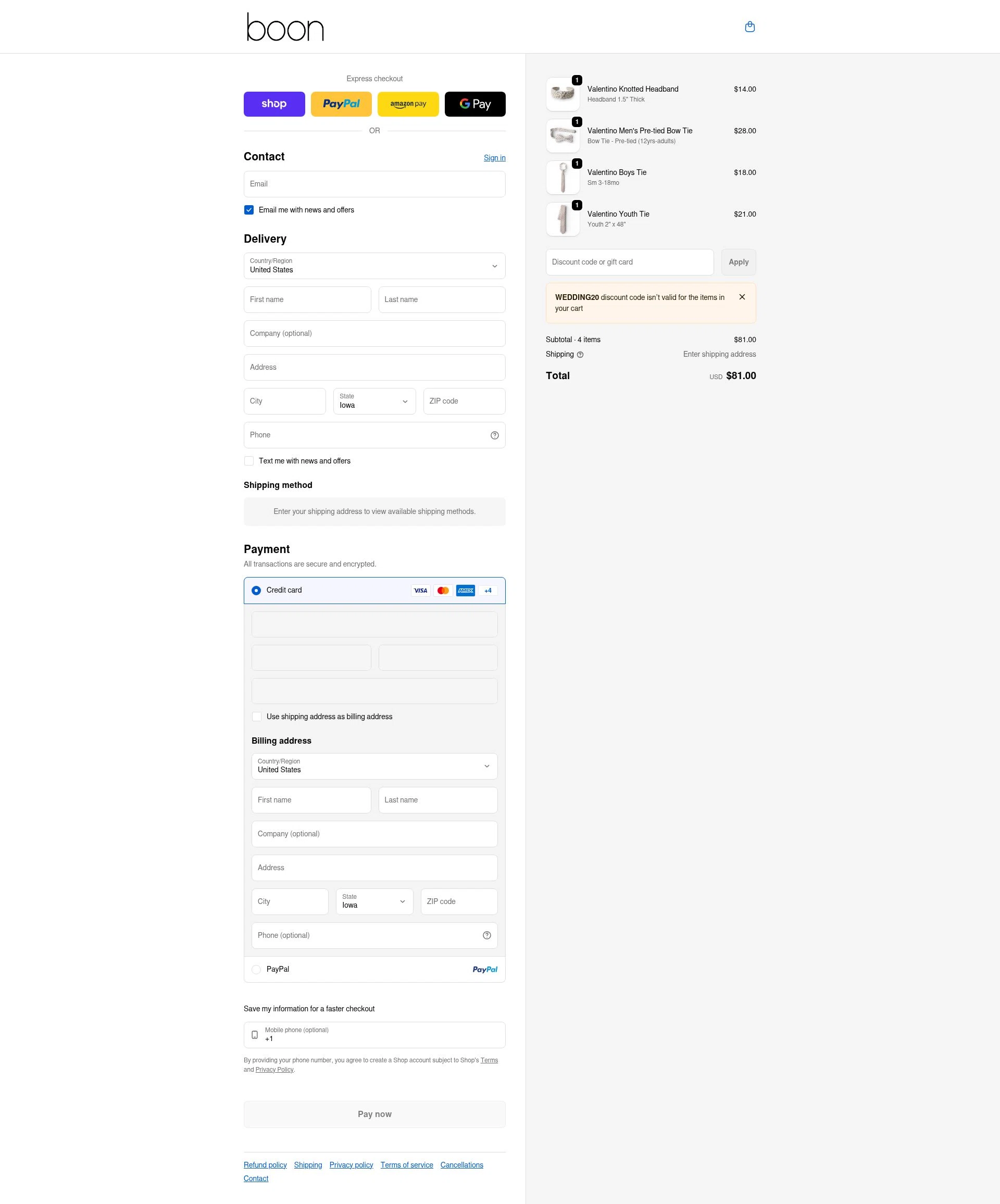 Boon Ties checkout page showing Boon Ties discount code box | Screenshot taken by SimplyCodes community member on Feb 15, 2026