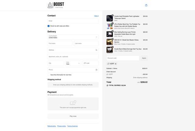 BOOST TOYS checkout page showing BOOST TOYS promo code box | Screenshot taken by SimplyCodes community member on Sep 16, 2025