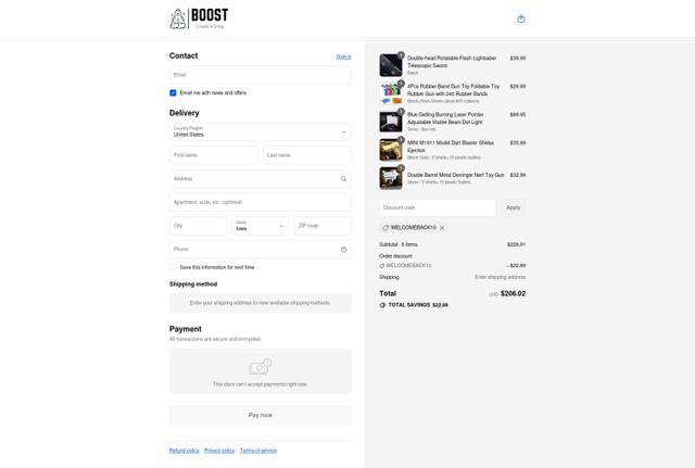 BOOST TOYS checkout page showing BOOST TOYS promo code box | Screenshot taken by SimplyCodes community member on Sep 16, 2025