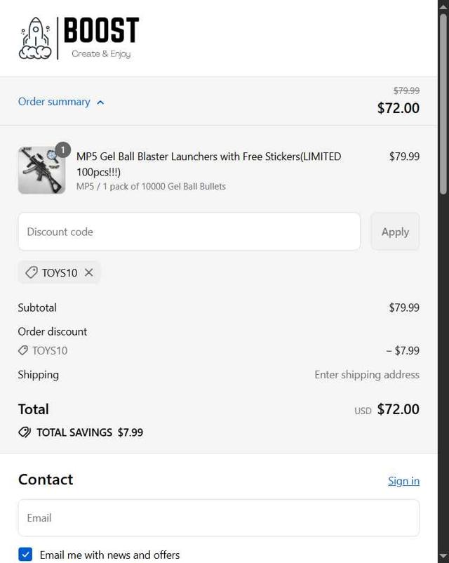 BOOST TOYS checkout page showing BOOST TOYS promo code box | Screenshot taken by SimplyCodes community member on Sep 16, 2025