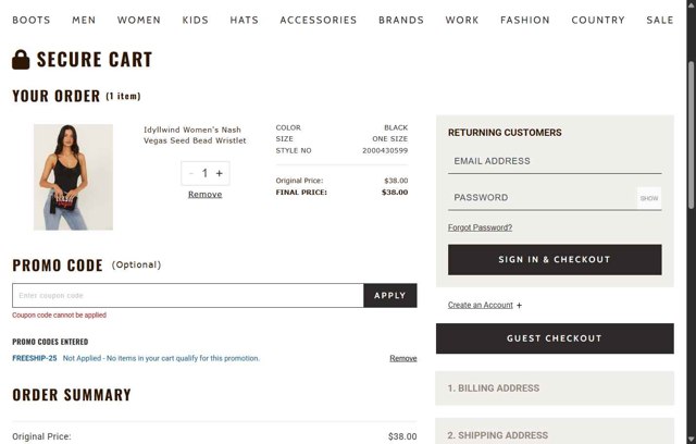 Boot Barn checkout page showing Boot Barn promo code box | Screenshot taken by SimplyCodes community member on Jul 31, 2025