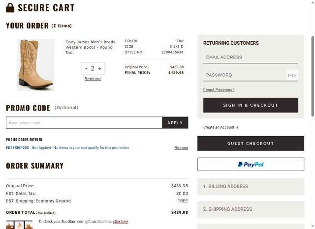 Boot Barn checkout page showing Boot Barn promo code box | Screenshot taken by SimplyCodes community member on Aug 25, 2025