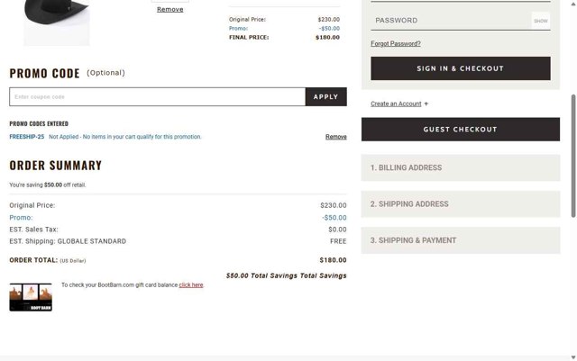 Boot Barn checkout page showing Boot Barn promo code box | Screenshot taken by SimplyCodes community member on Aug 6, 2025