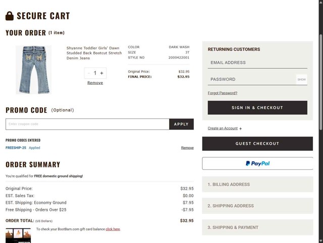 Boot Barn checkout page showing Boot Barn promo code box | Screenshot taken by SimplyCodes community member on Aug 12, 2025