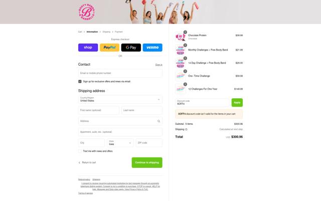 Booty Bands checkout page showing Booty Bands promo code box | Screenshot taken by SimplyCodes community member on Sep 10, 2025