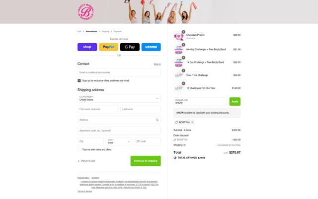 Booty Bands checkout page showing Booty Bands promo code box | Screenshot taken by SimplyCodes community member on Sep 10, 2025
