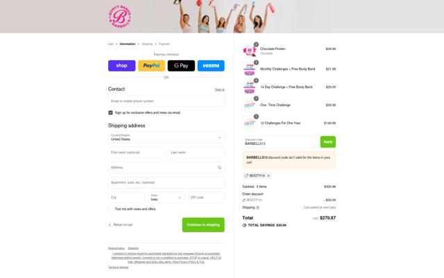 Booty Bands checkout page showing Booty Bands promo code box | Screenshot taken by SimplyCodes community member on Sep 10, 2025