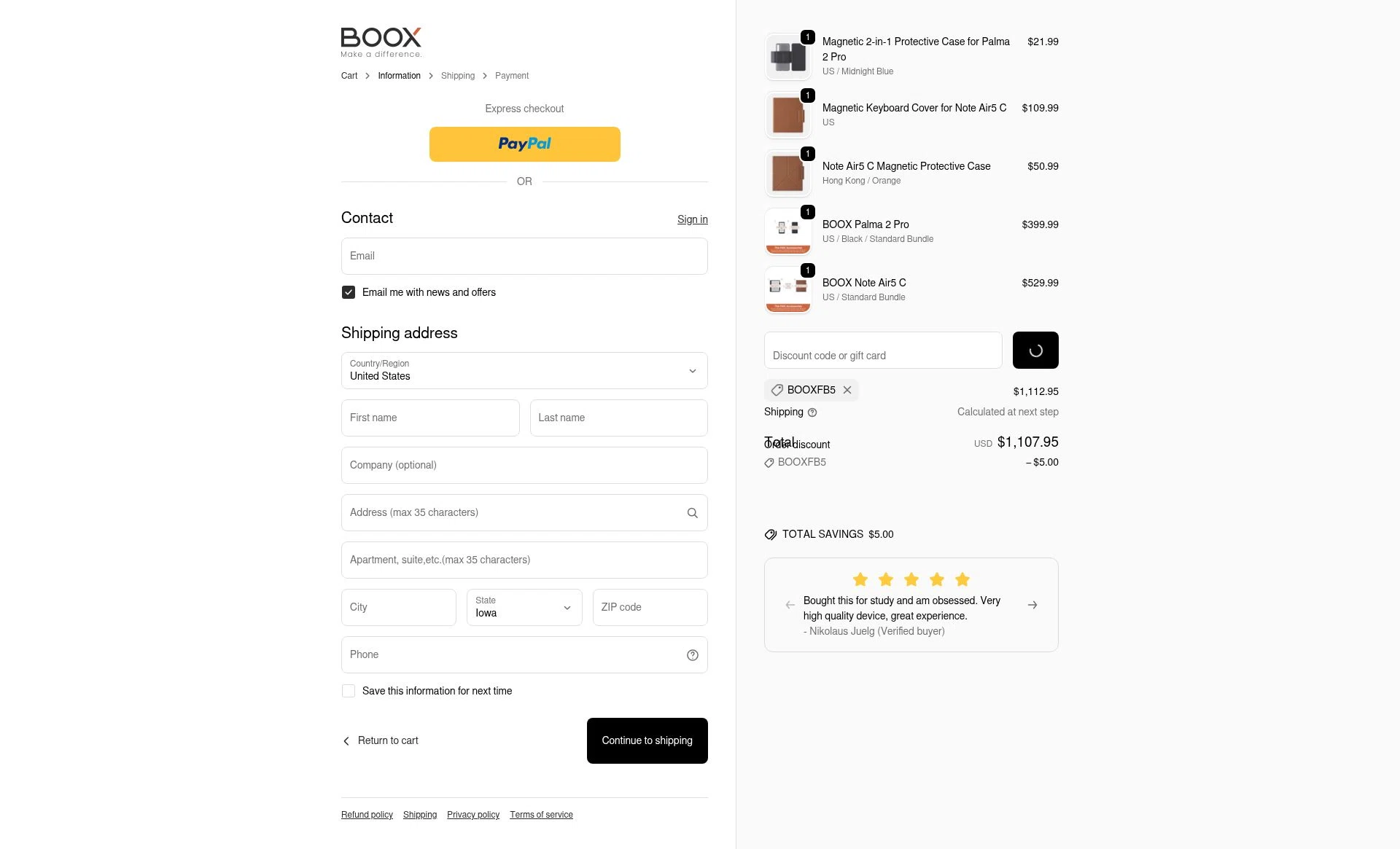 Boox Shop checkout page showing Boox Shop discount code box | Screenshot taken by SimplyCodes community member on Feb 13, 2026