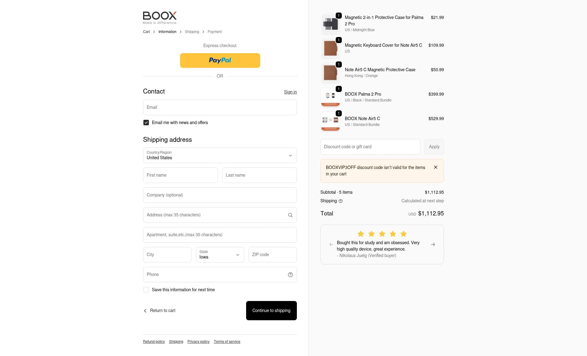 Boox Shop checkout page showing Boox Shop discount code box | Screenshot taken by SimplyCodes community member on Feb 13, 2026