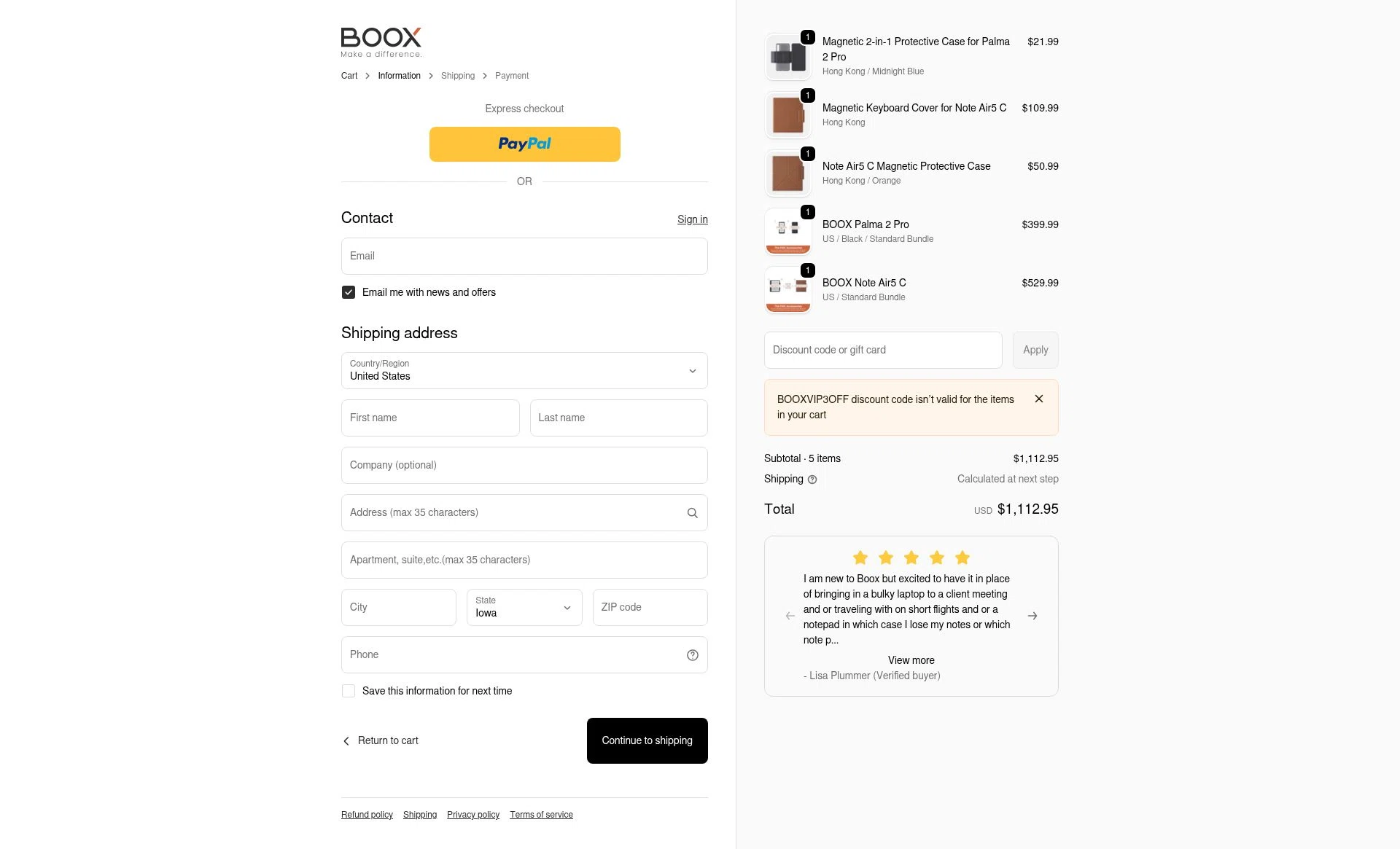 Boox Shop checkout page showing Boox Shop discount code box | Screenshot taken by SimplyCodes community member on Feb 8, 2026