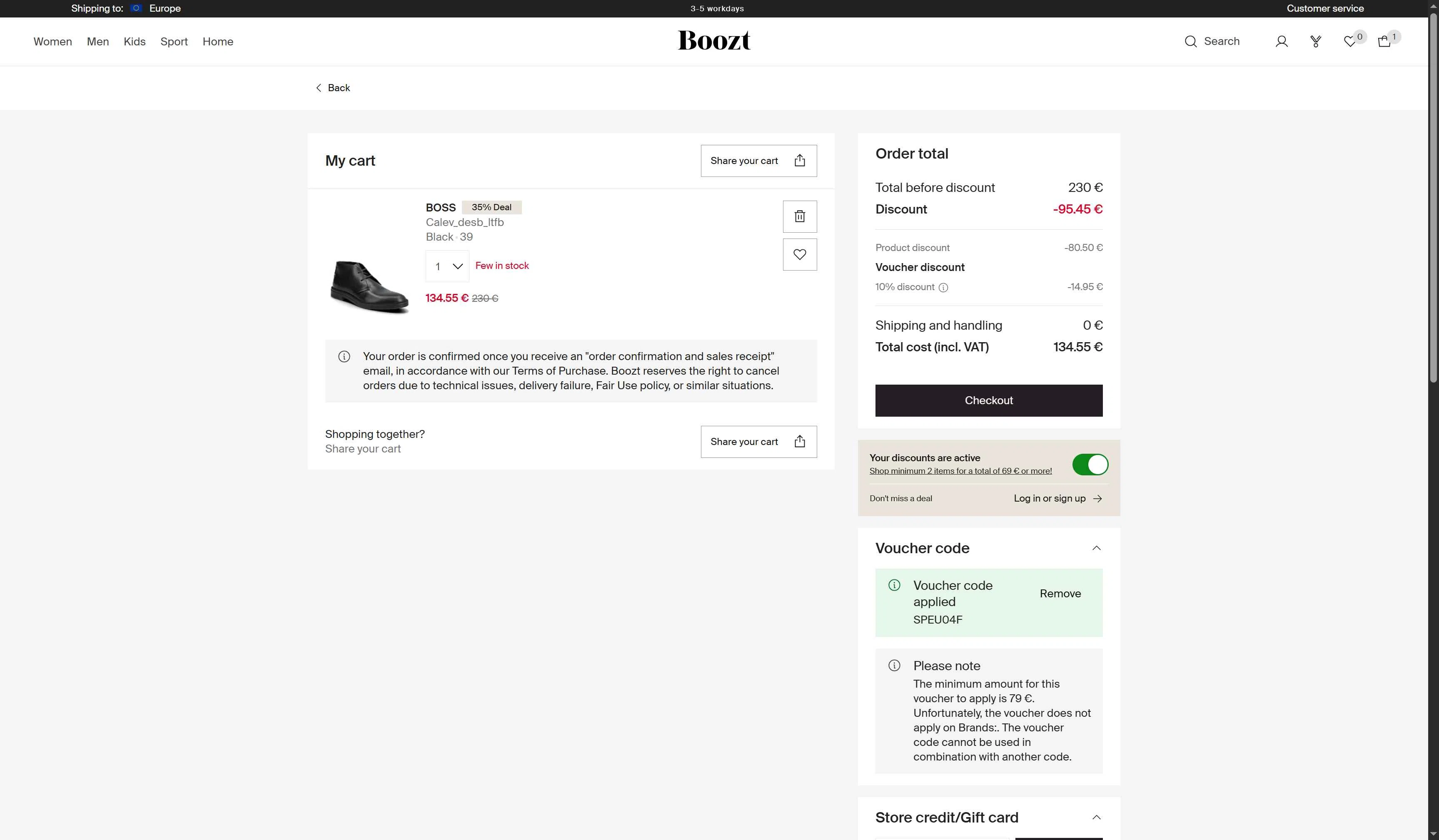 Boozt checkout page showing Boozt promo code box | Screenshot taken by SimplyCodes community member on Jan 9, 2026