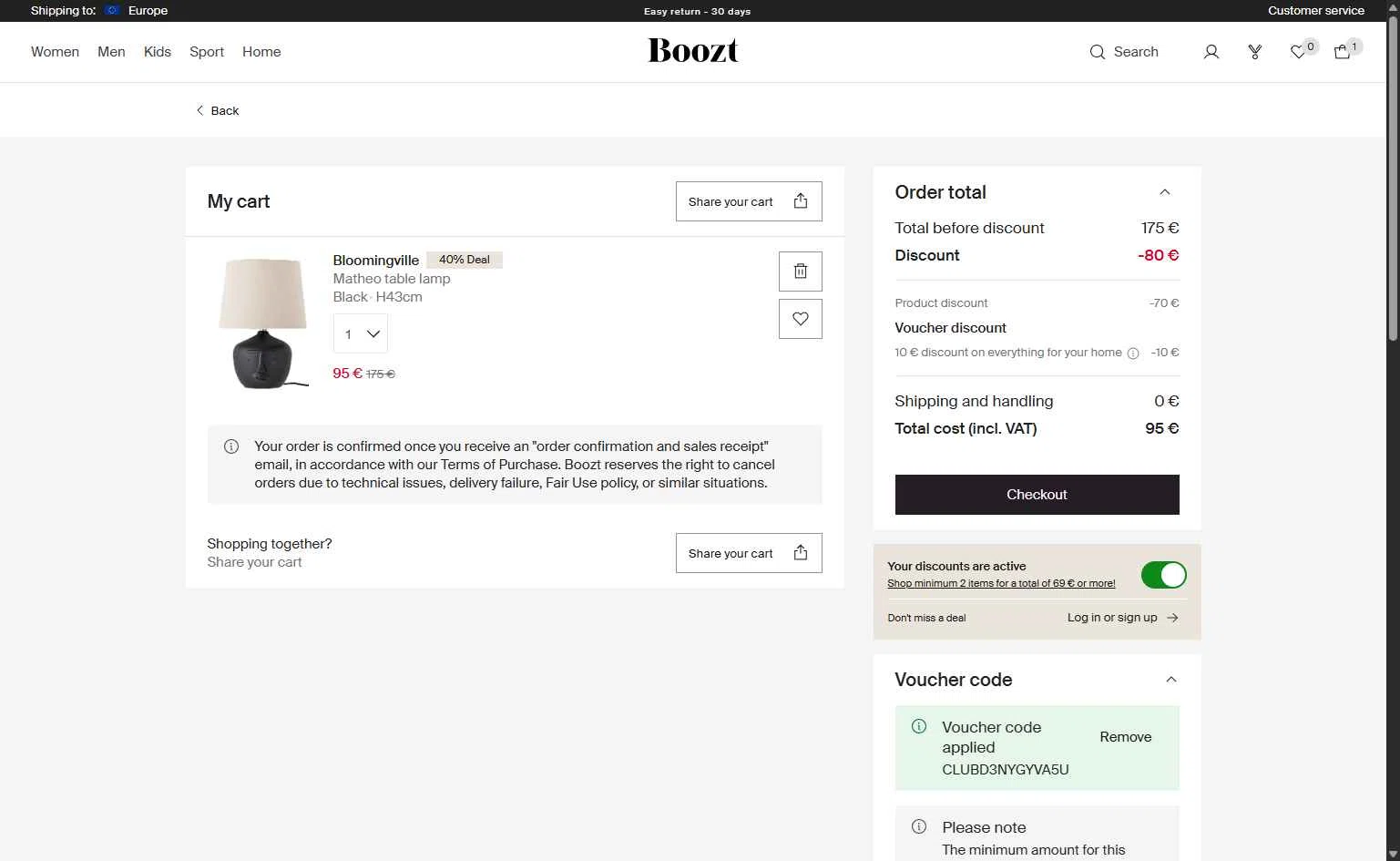 Boozt checkout page showing Boozt promo code box | Screenshot taken by SimplyCodes community member on Feb 6, 2026