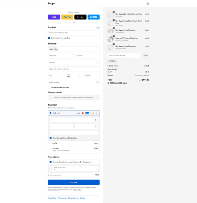 Boppy checkout page showing Boppy promo code box | Screenshot taken by SimplyCodes community member on Sep 8, 2025