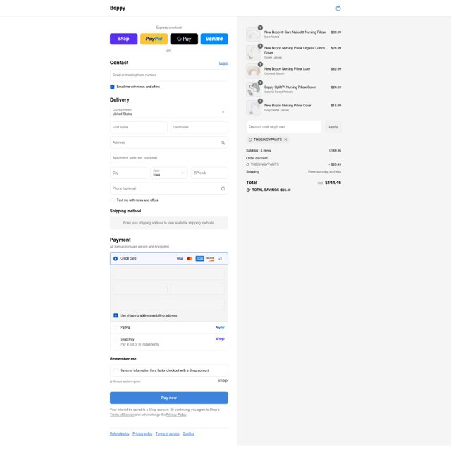 Boppy checkout page showing Boppy promo code box | Screenshot taken by SimplyCodes community member on Sep 8, 2025