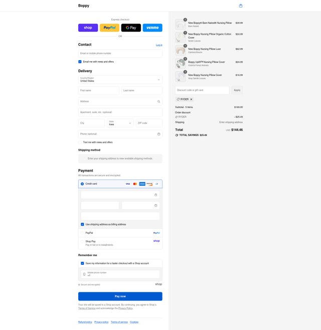 Boppy checkout page showing Boppy promo code box | Screenshot taken by SimplyCodes community member on Sep 8, 2025