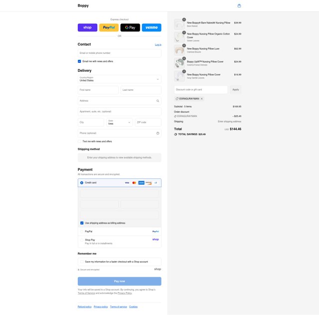 Boppy checkout page showing Boppy promo code box | Screenshot taken by SimplyCodes community member on Sep 8, 2025