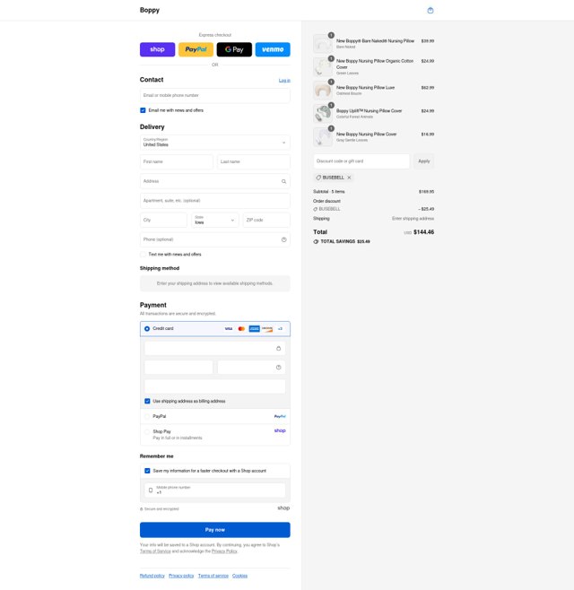 Boppy checkout page showing Boppy promo code box | Screenshot taken by SimplyCodes community member on Sep 8, 2025