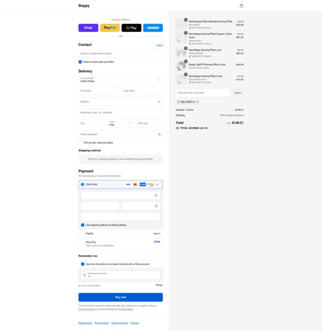 Boppy checkout page showing Boppy promo code box | Screenshot taken by SimplyCodes community member on Sep 8, 2025