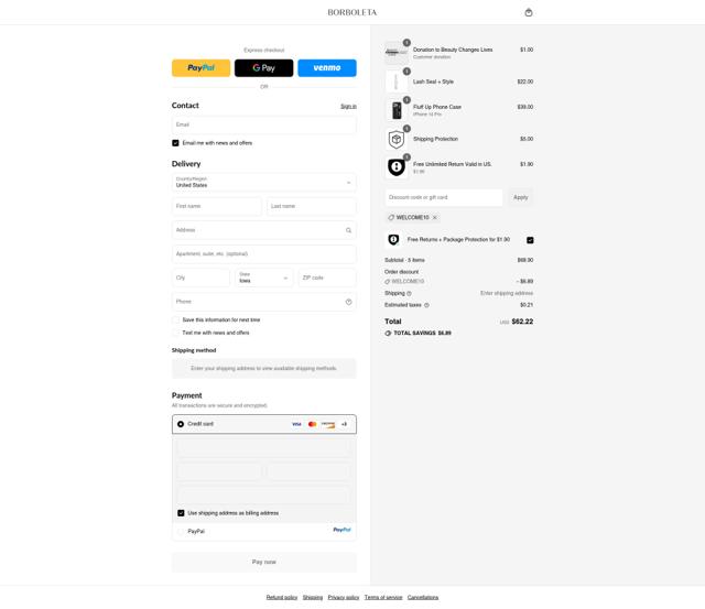 Borboleta checkout page showing Borboleta discount code box | Screenshot taken by SimplyCodes community member on Sep 11, 2025