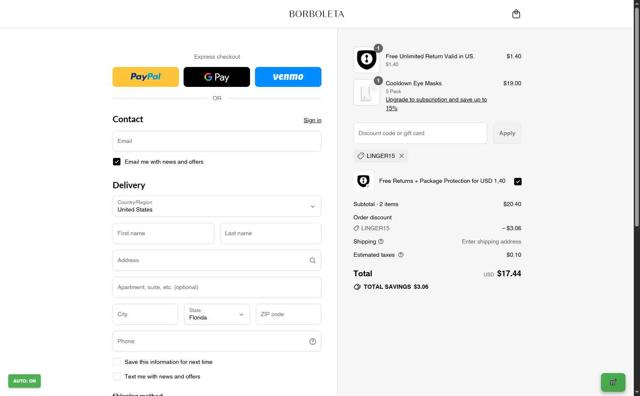 Borboleta checkout page showing Borboleta discount code box | Screenshot taken by SimplyCodes community member on Sep 15, 2025