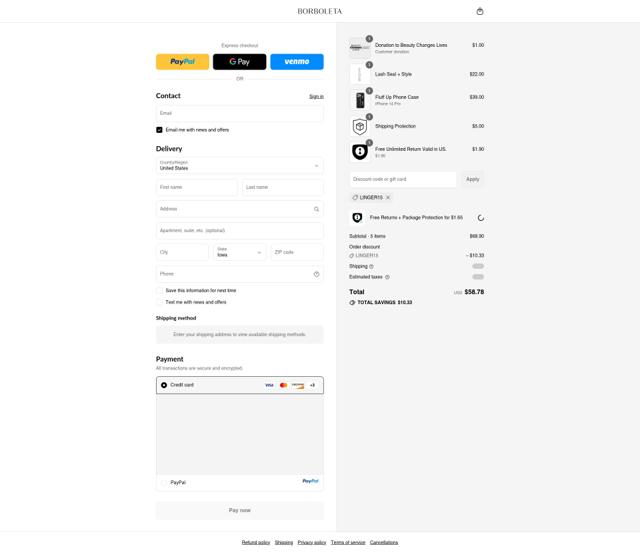 Borboleta checkout page showing Borboleta discount code box | Screenshot taken by SimplyCodes community member on Sep 11, 2025