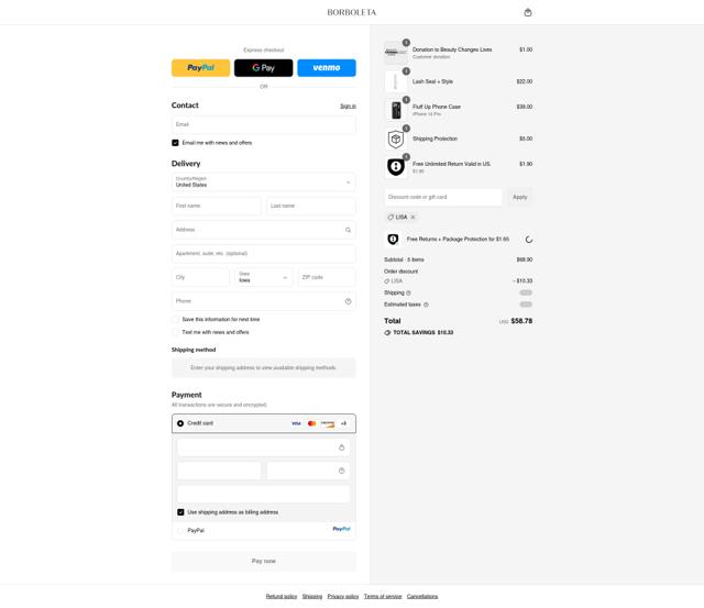 Borboleta checkout page showing Borboleta discount code box | Screenshot taken by SimplyCodes community member on Sep 11, 2025