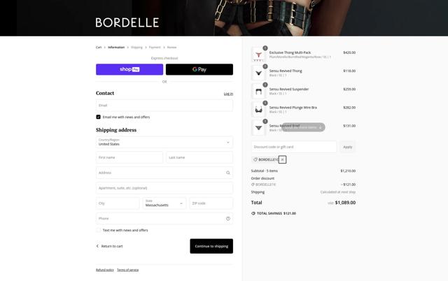 Bordelle checkout page showing Bordelle promo code box | Screenshot taken by SimplyCodes community member on Feb 24, 2025