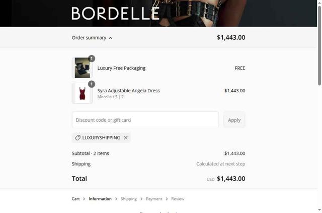 Bordelle checkout page showing Bordelle promo code box | Screenshot taken by SimplyCodes community member on May 10, 2025